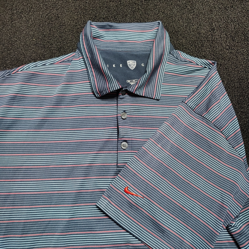 Nike Golf Polo Blue Red Striped Dri Fit UV Wicking Short Sleeve Mens Size XL